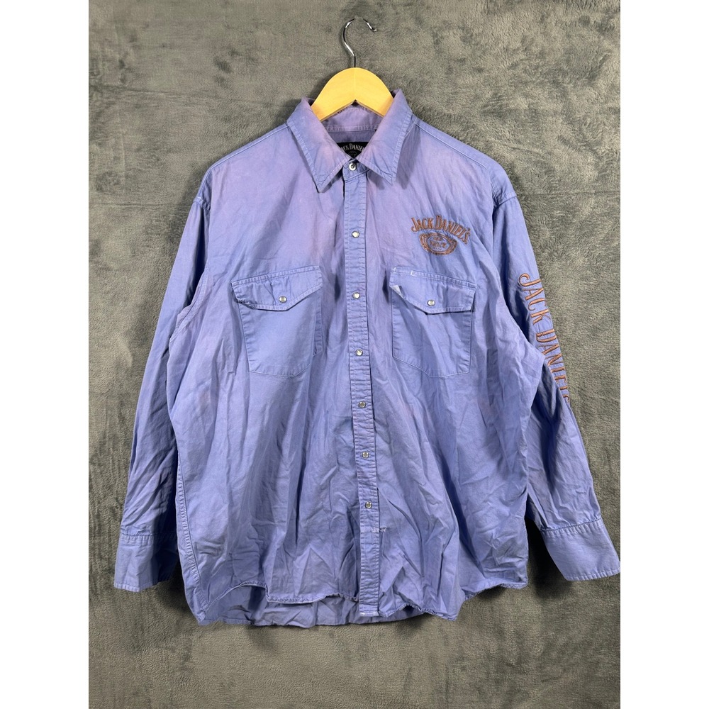 Jack Daniels Mens XL Blue Pearl Snap Western Long Sleeve Embroidered Logo Shirt